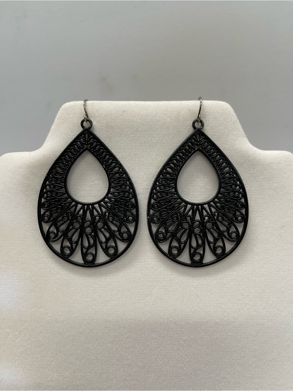 Black Filigree Metal Teardrop Dangle Earrings - Lightweight Women Jewelry